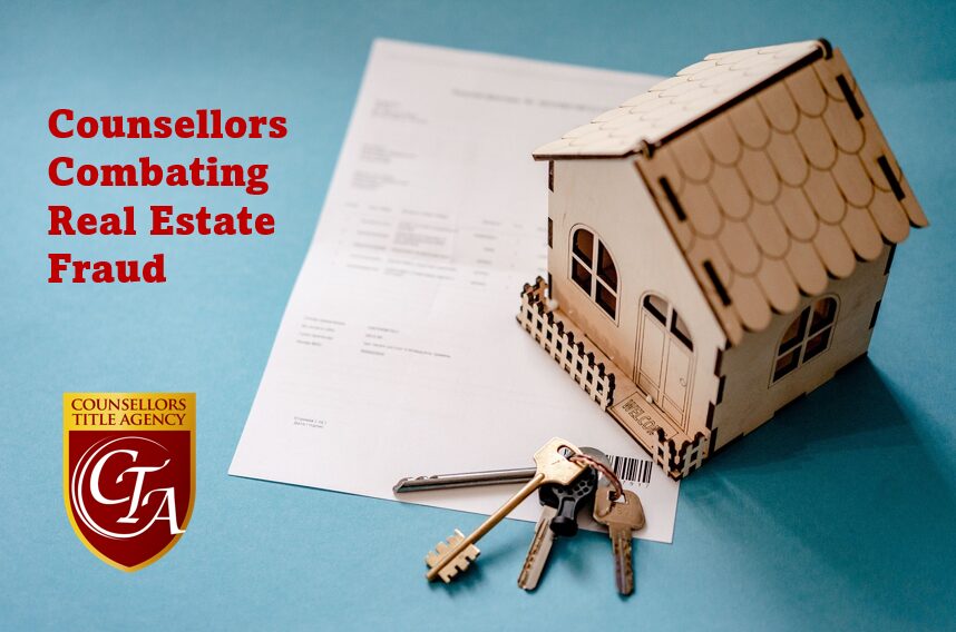 Keys, a miniature house, and real estate documents on a blue background.