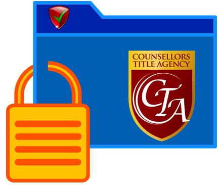 Blue folder with Counsellors Title Agency logo and an unlocked padlock.