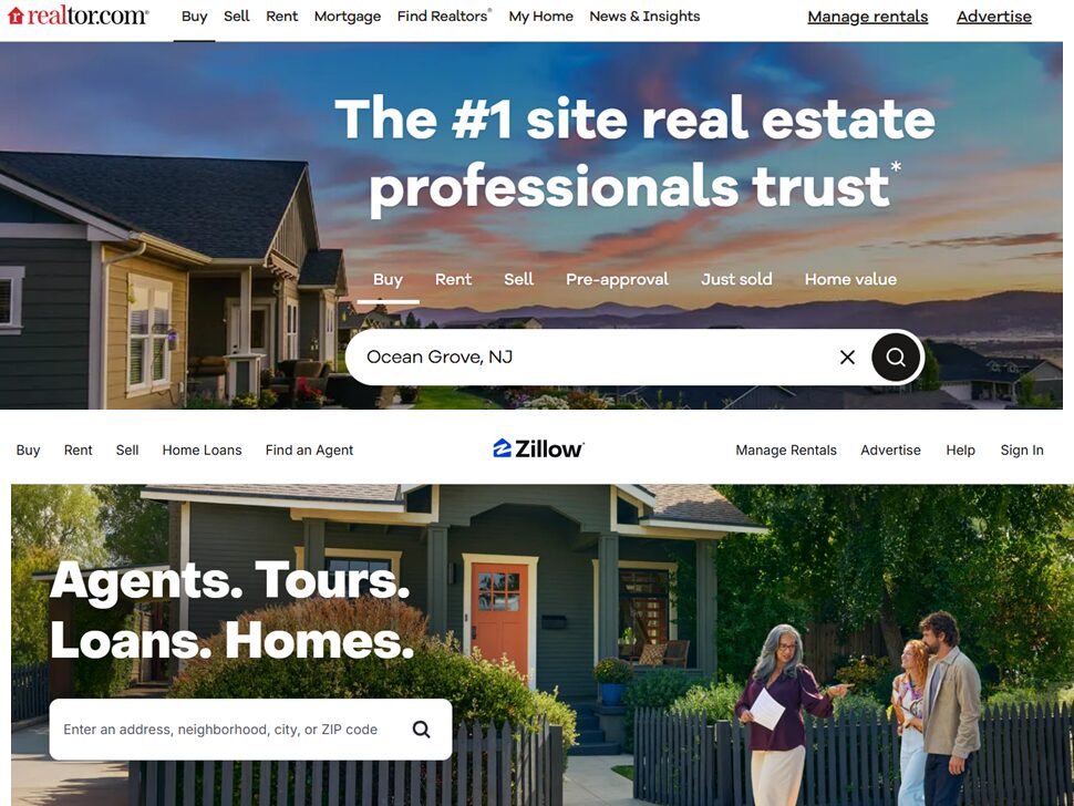 Real estate website homepage featuring search options and listings.