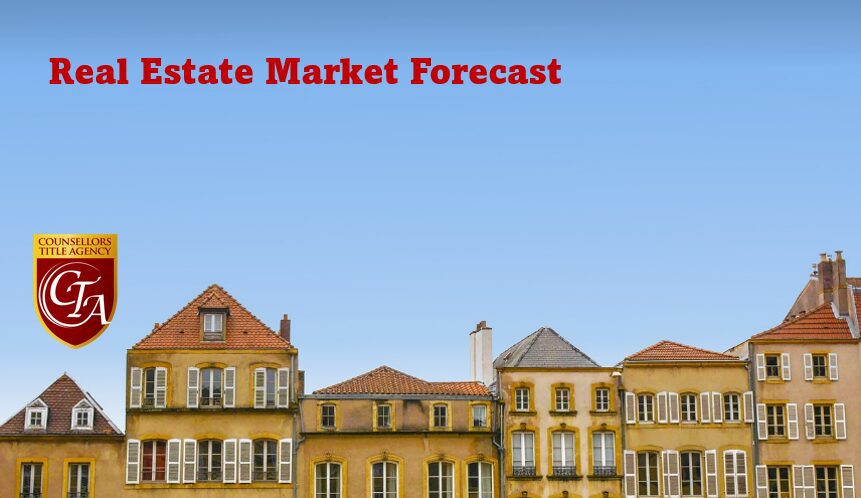 Row of colorful houses under a clear blue sky with a real estate forecast title.