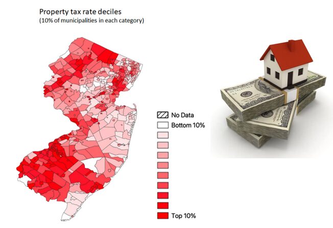 Map showing property tax rate deciles across New Jersey municipalities.