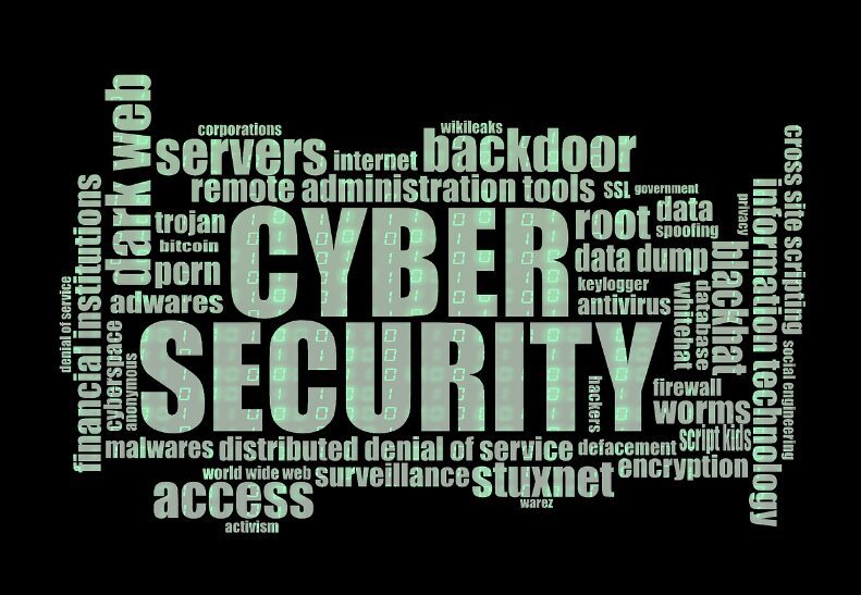 A word cloud centered on cybersecurity with related terms in various shades of green.