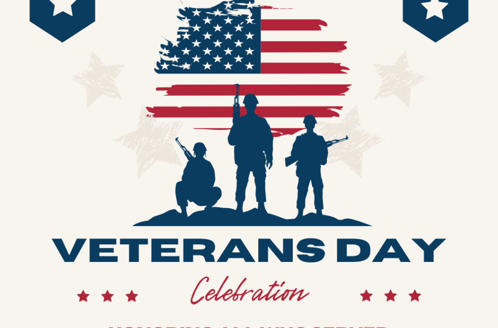 Veterans Day celebration poster with soldiers silhouette.