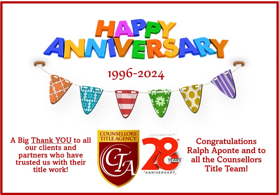Happy anniversary banner with colorful bunting.