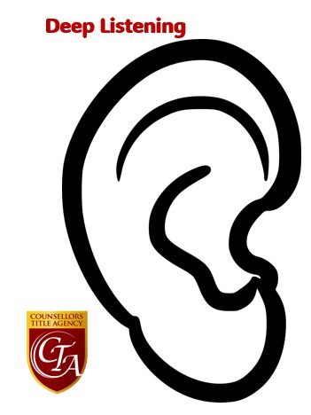 Black and white simple ear illustration with a small logo.