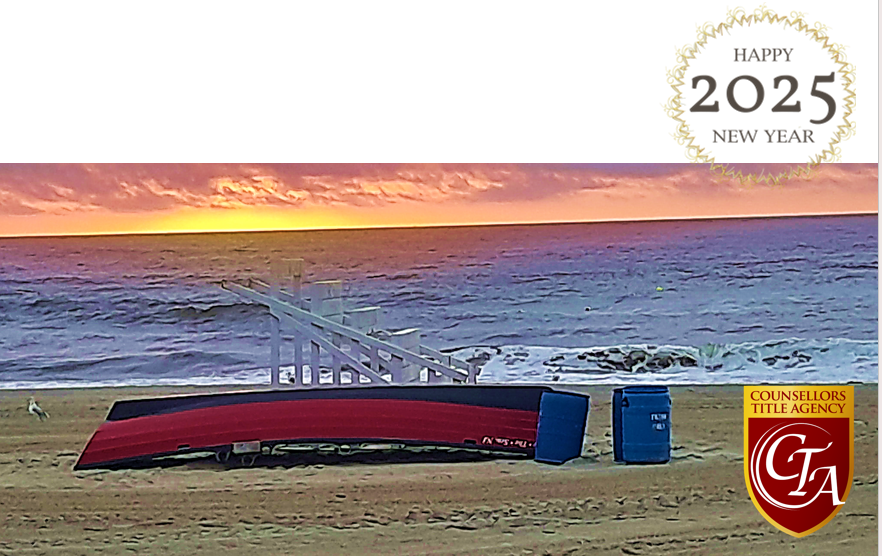 Beach sunrise with New Year greeting.