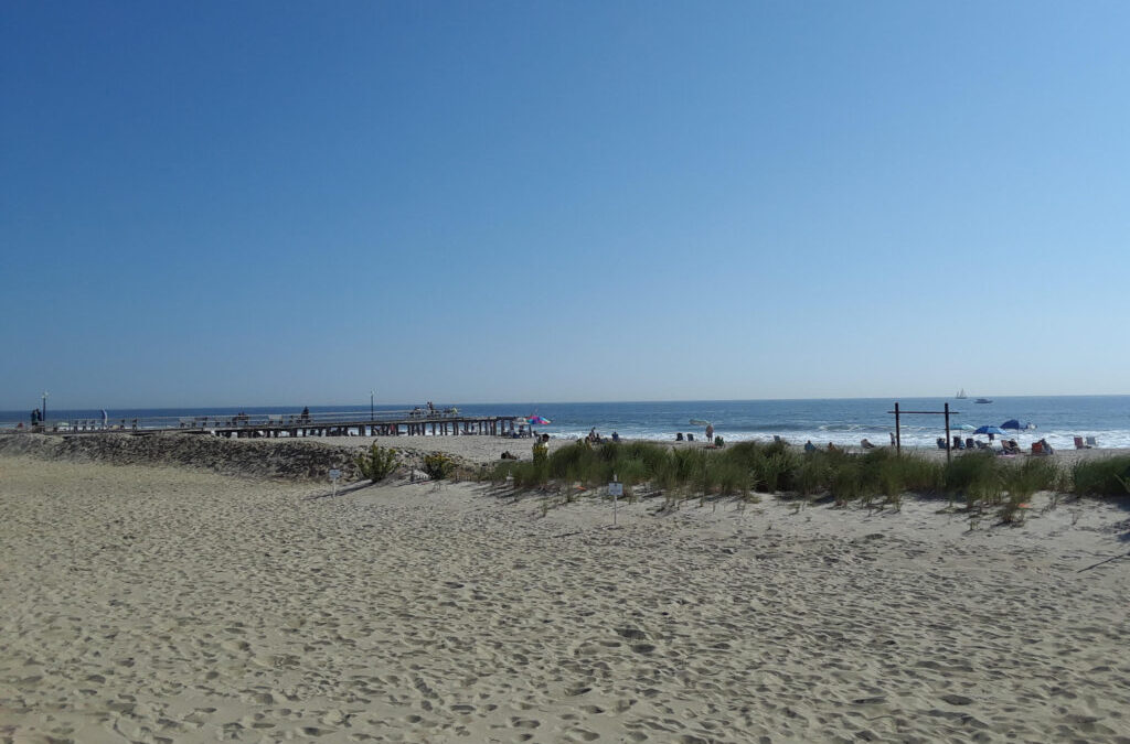 Sandy beach with pier and blue sky.