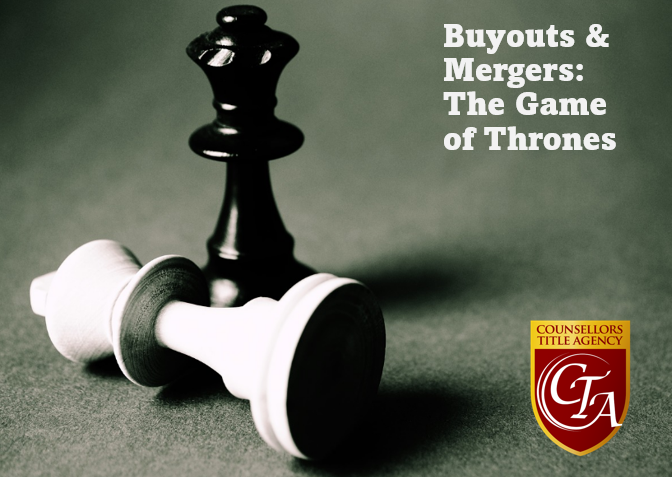 Chess pieces with buyouts and mergers text.
