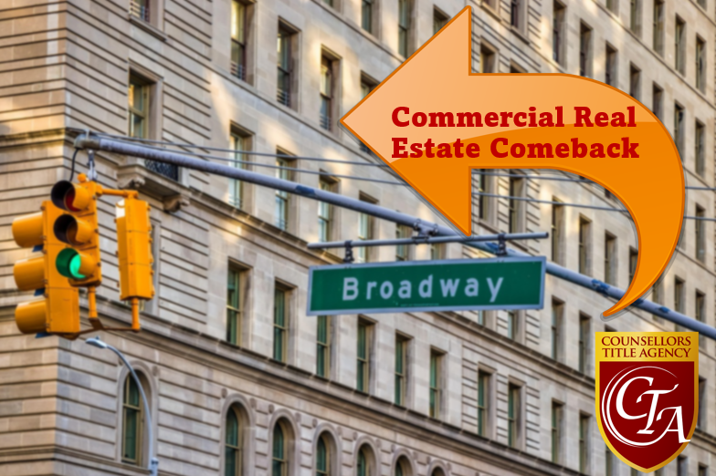 Broadway sign with commercial real estate arrow.