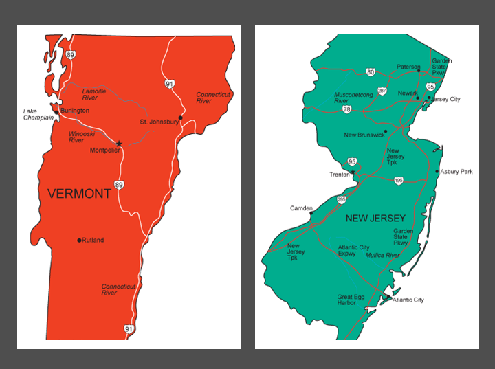Maps of Vermont and New Jersey.