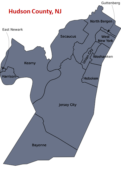 Map of Hudson County, New Jersey municipalities.