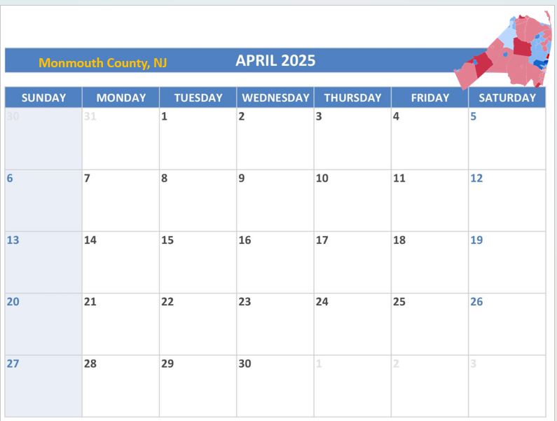 April 2025 calendar, Monmouth County, NJ.