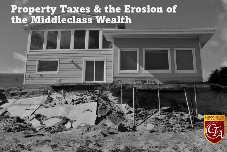A damaged house on a rocky slope illustrating property tax impact on middle-class wealth.