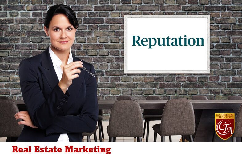 Businesswoman standing near "Reputation" sign.
