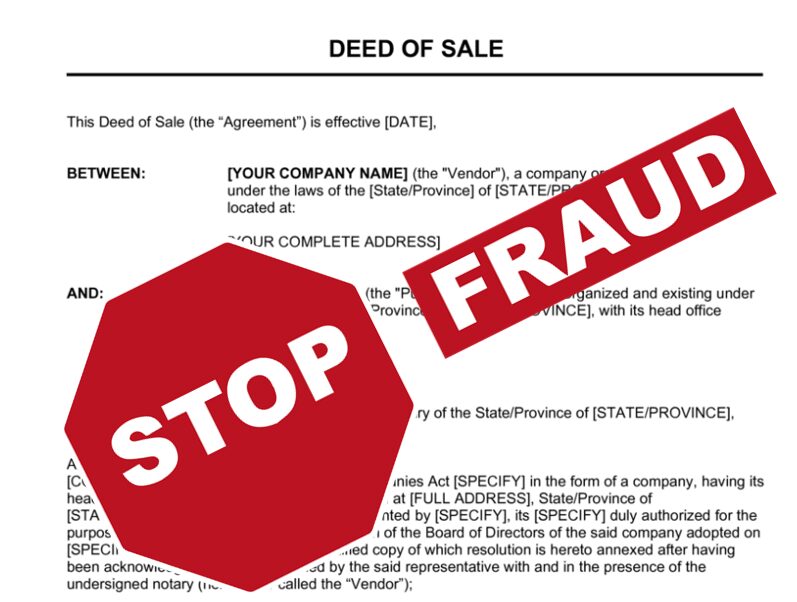 A deed of sale document with a prominent 'STOP FRAUD' warning.