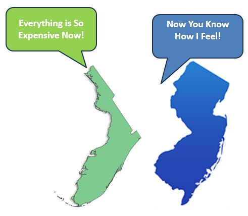 Two New Jersey maps showing price perception differences: expensive vs. affordable.
