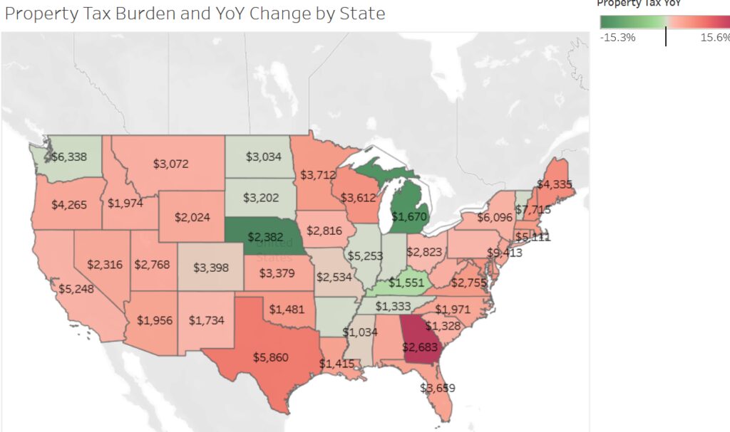 U.S. map showing state property tax changes.