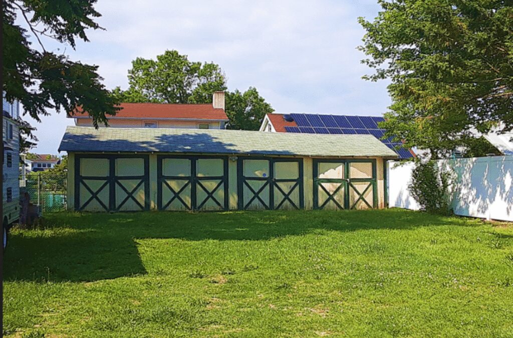 Green yard with small wooden building.