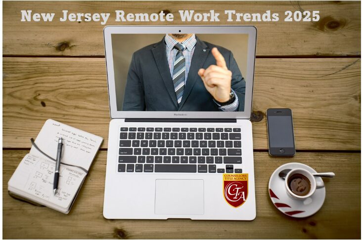 A business professional pointing from a laptop screen surrounded by work essentials.
