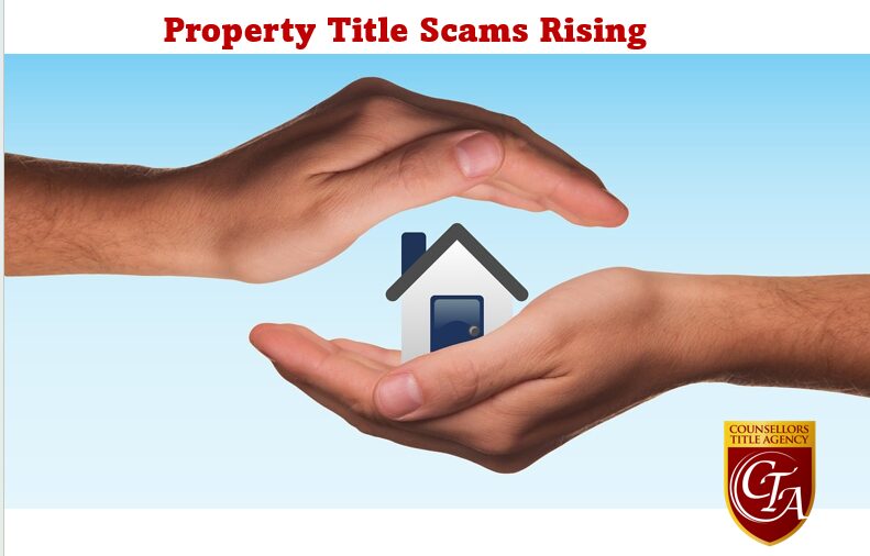 Hands protecting house, property title scams warning.