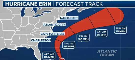 Hurricane Erin forecast track and speed.