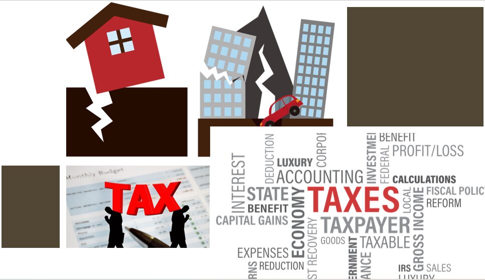 Illustration showing two buildings split by a crack with the word TAX between them.