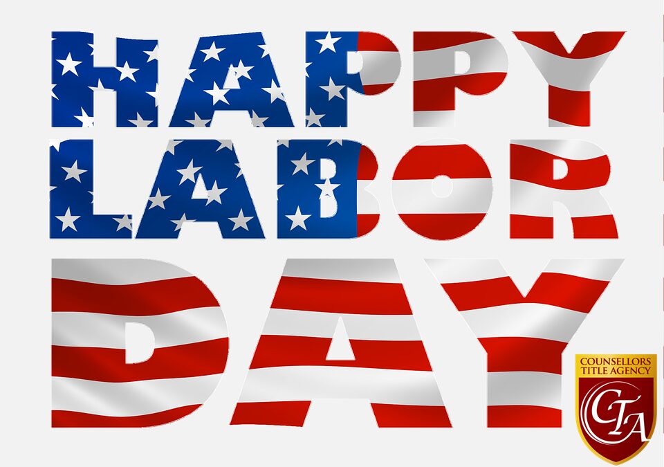 Happy Labor Day text with American flag.