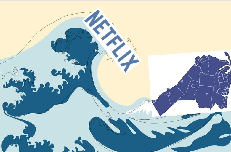 A large wave labeled Netflix approaches a person holding a small boat.