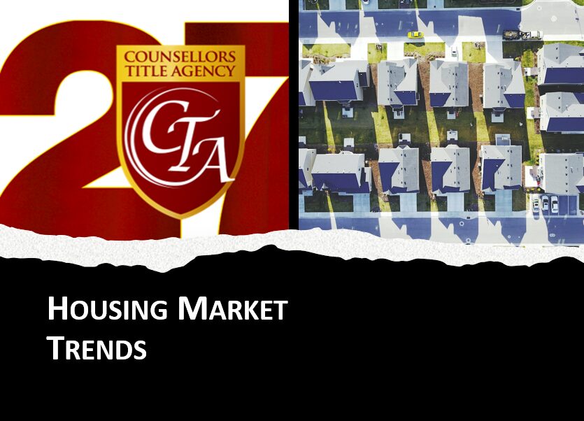 Housing market trends graphic with aerial view.