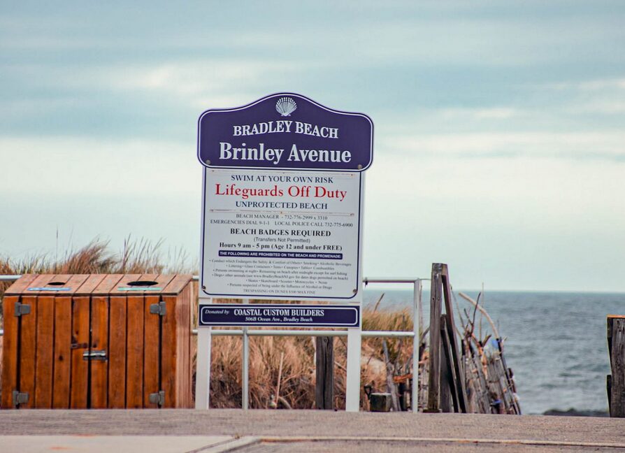 Signboard at Bradley Beach boardwalk entrance on Brinley Avenue.