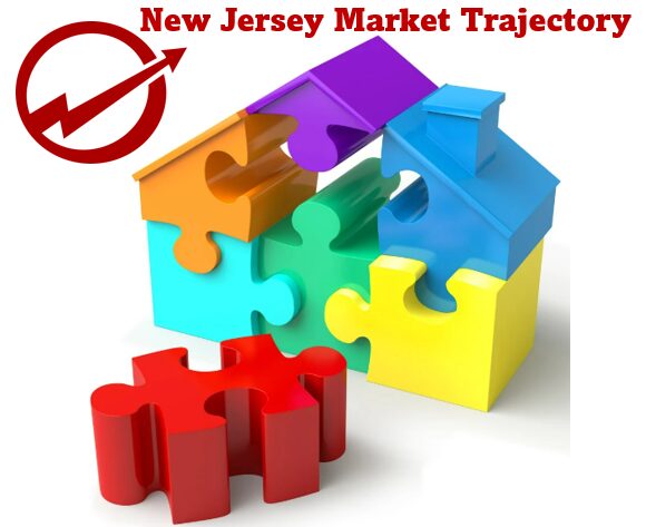Colorful puzzle houses with market trajectory symbol.