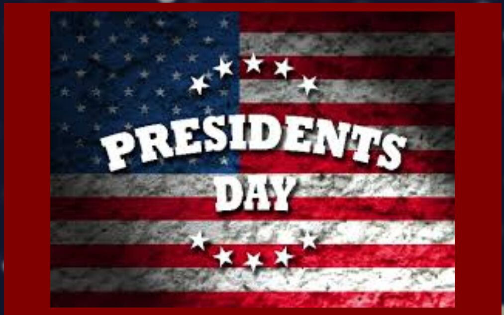 Presidents Day text on American flag background.
