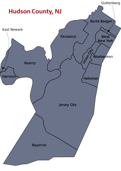 Labeled map showing Bayonne Hoboken Secaucus